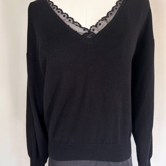 ANN TAYLOR Layered Look Sweater Lace Trim Black Romantic Coquette Academia Sz S - Picture 3 of 10